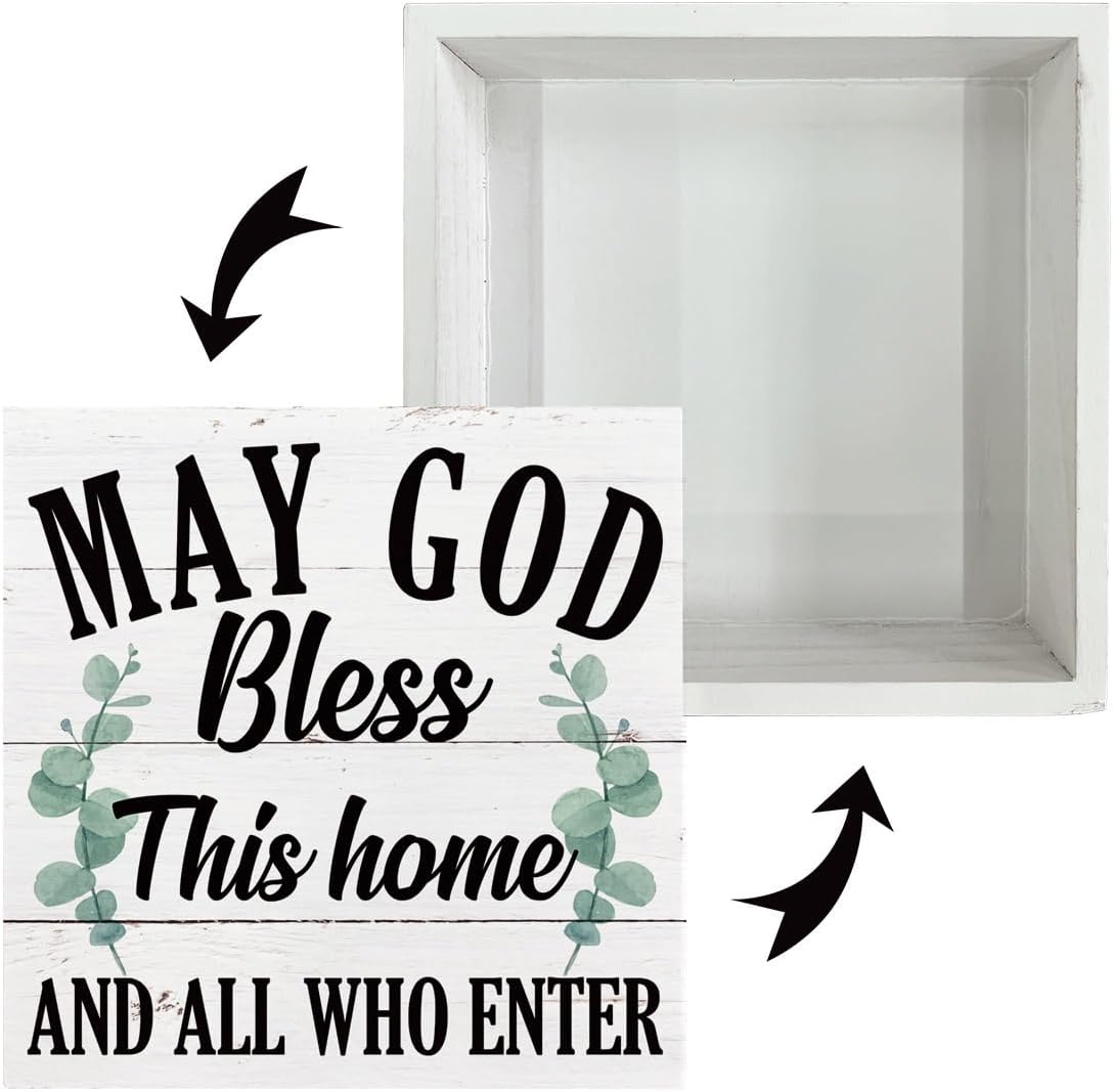 May God Bless This Home" Wooden Box Sign – Rustic Farmhouse Christian Tabletop & Shelf Decor, Housewarming Gift