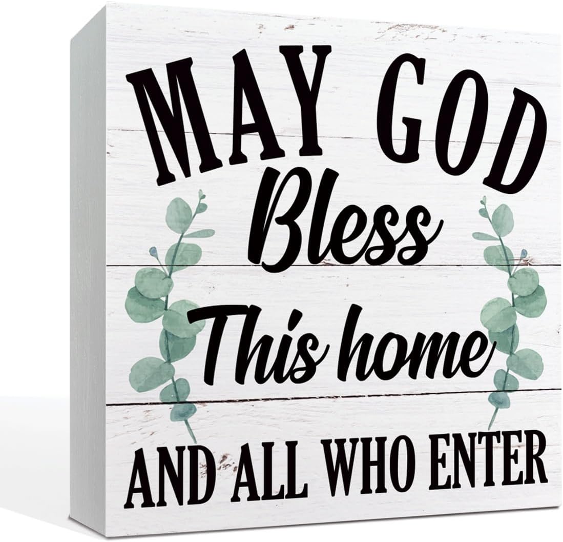 May God Bless This Home" Wooden Box Sign – Rustic Farmhouse Christian Tabletop & Shelf Decor, Housewarming Gift