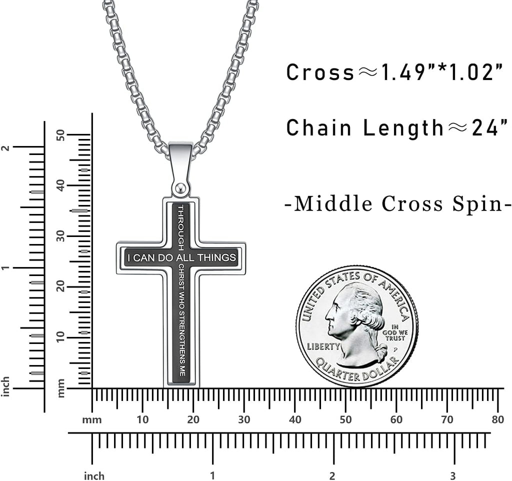 Cross Necklace for Men – Stainless Steel Philippians 4:13 Pendant, Christian Faith Gift for Him