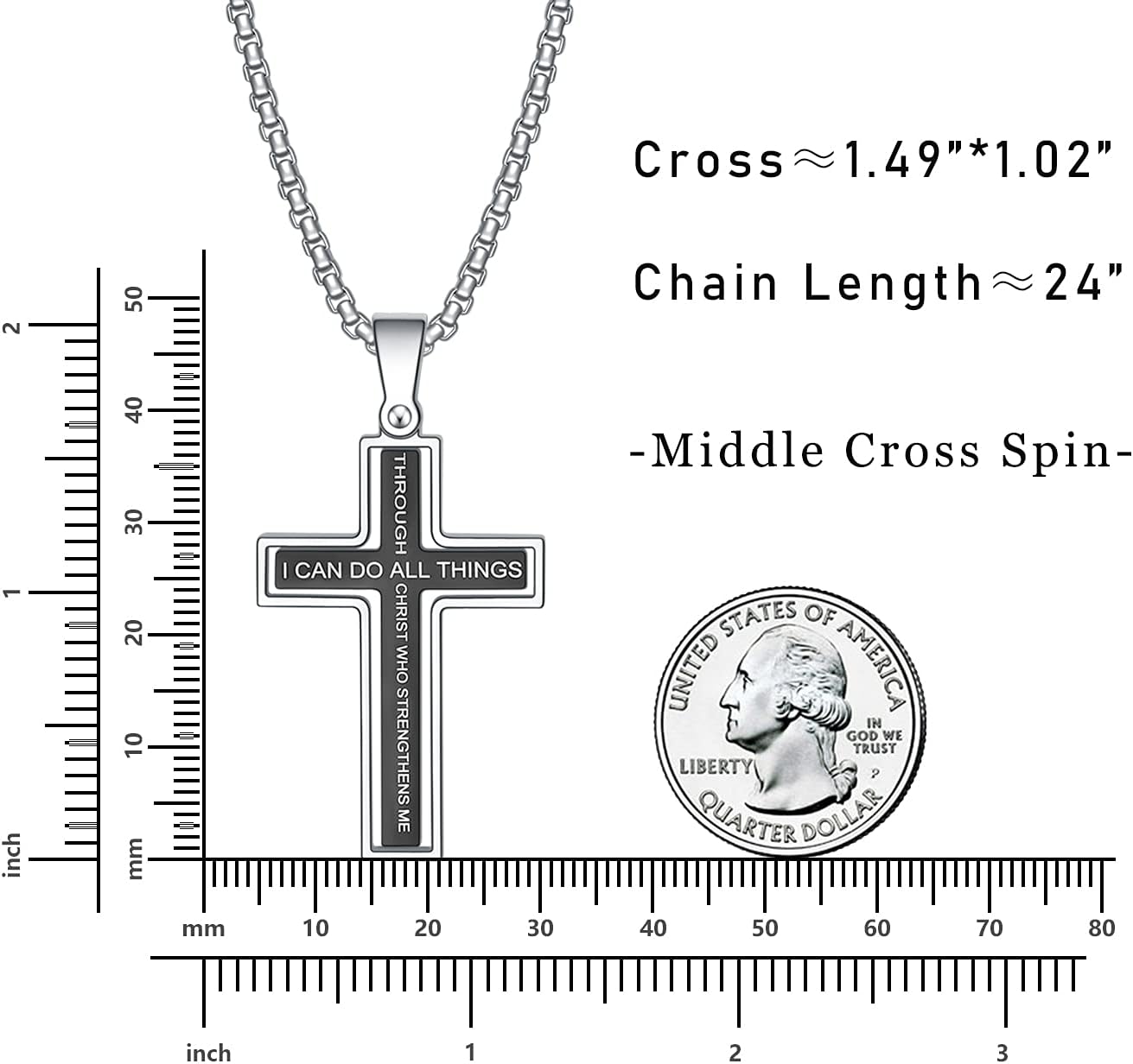 Cross Necklace for Men – Stainless Steel Philippians 4:13 Pendant, Christian Faith Gift for Him