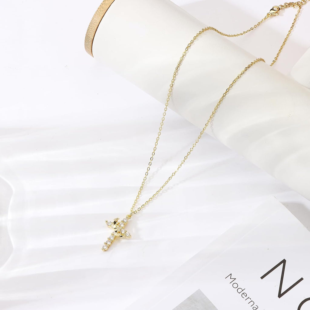 Crown Cross Necklace for Women – Gold/Silver CZ Pendant, Adjustable Hypoallergenic Faith Jewelry (Gift-Boxed)