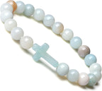Natural Stone Cross Bracelet for Men & Women – 8mm Beaded Tiger's Eye Stretch Bracelet, Christian Faith Gift