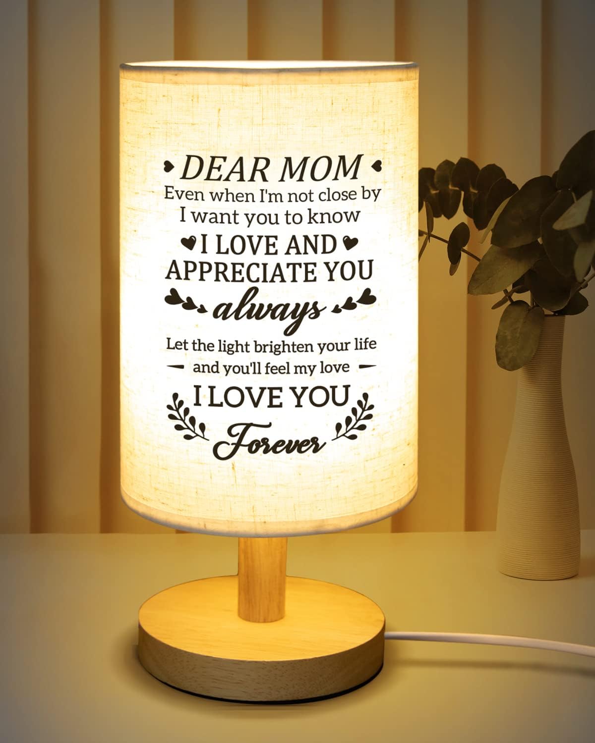 Dear Mom" Bible Verse Table Lamp – Christian Bedside Light with Inspirational Message, Faith Gift for Her