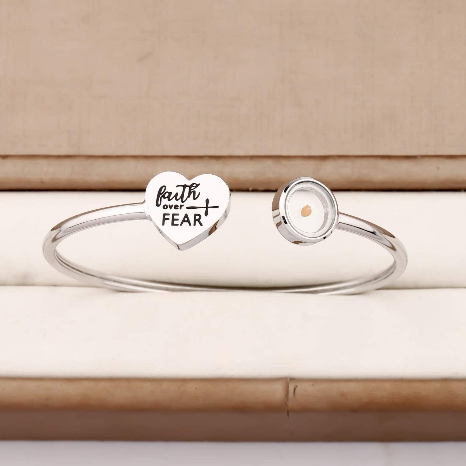 Faith Over Fear" Mustard Seed Bracelet for Women – Christian Cuff Bangle with Heart Charm, Faith Gift