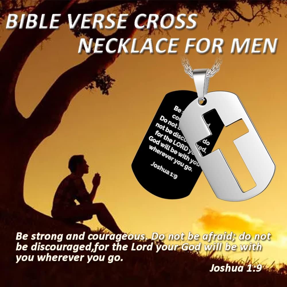 Cross Dog Tag Necklace for Men – Stainless Steel Bible Verse Pendant, Christian Faith Gift for Him & Boys