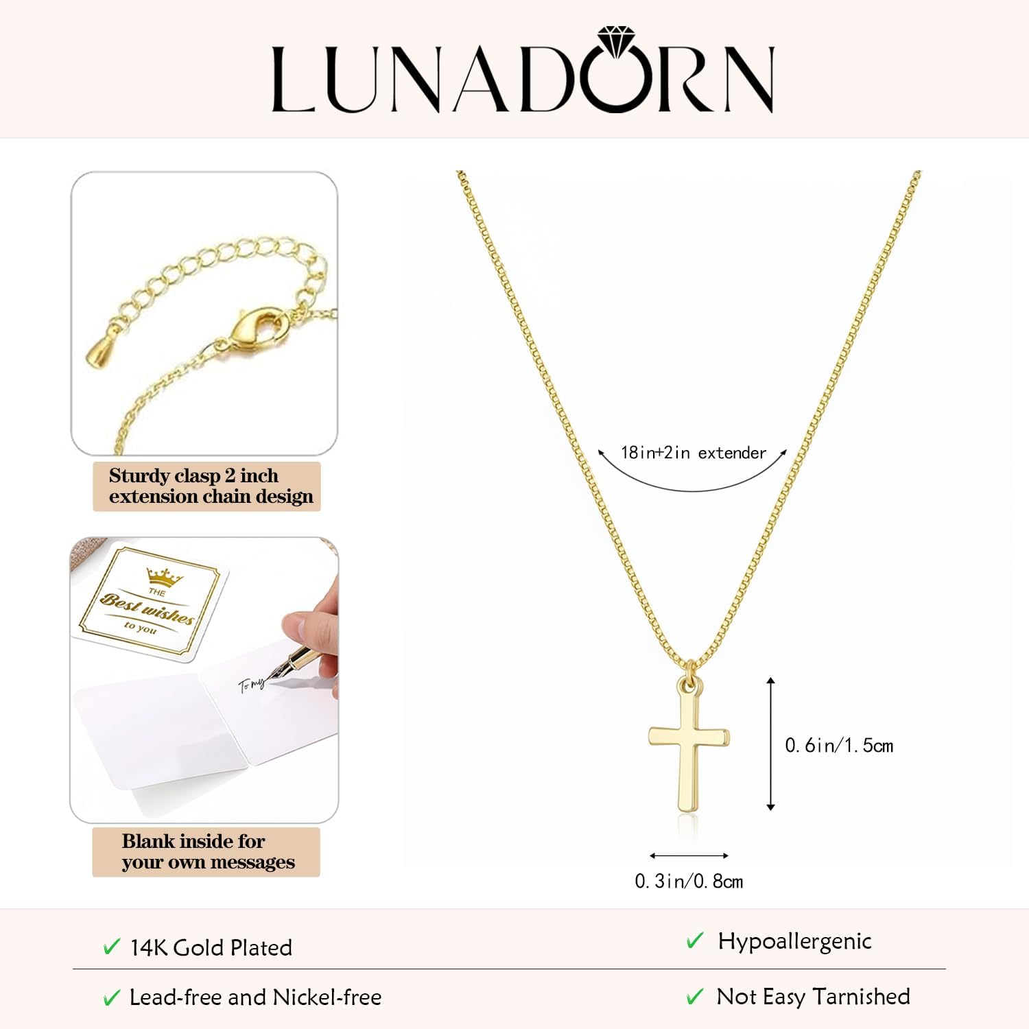Dainty 14K Gold Plated Cross Necklace for Women, Non Tarnish Faith Pendant Gift