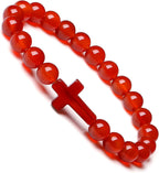 Natural Stone Cross Bracelet for Men & Women – 8mm Beaded Tiger's Eye Stretch Bracelet, Christian Faith Gift