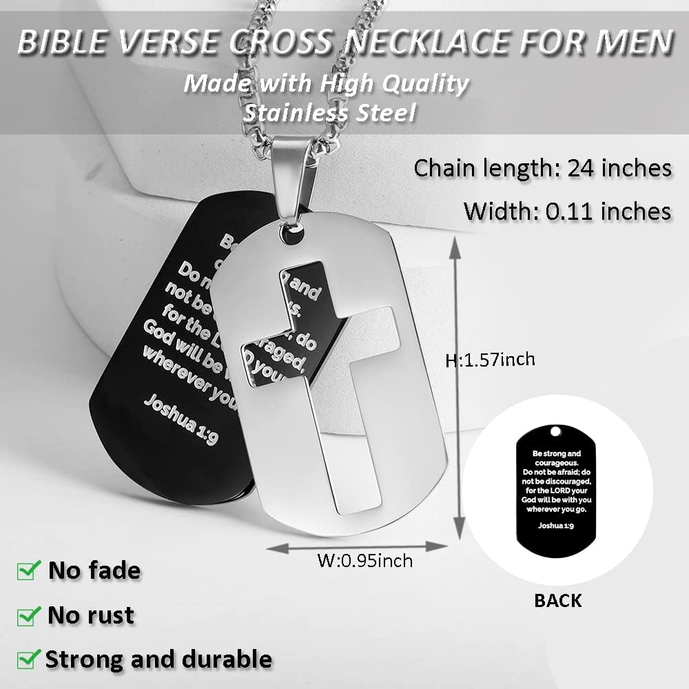 Cross Dog Tag Necklace for Men – Stainless Steel Bible Verse Pendant, Christian Faith Gift for Him & Boys