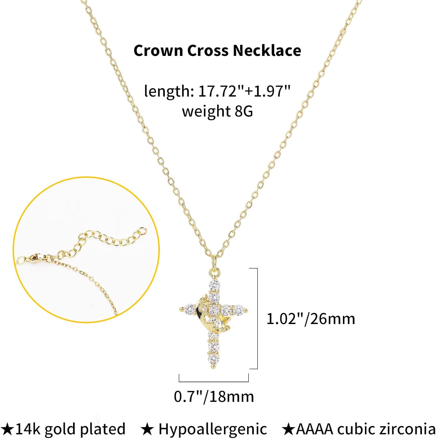 Crown Cross Necklace for Women – Gold/Silver CZ Pendant, Adjustable Hypoallergenic Faith Jewelry (Gift-Boxed)