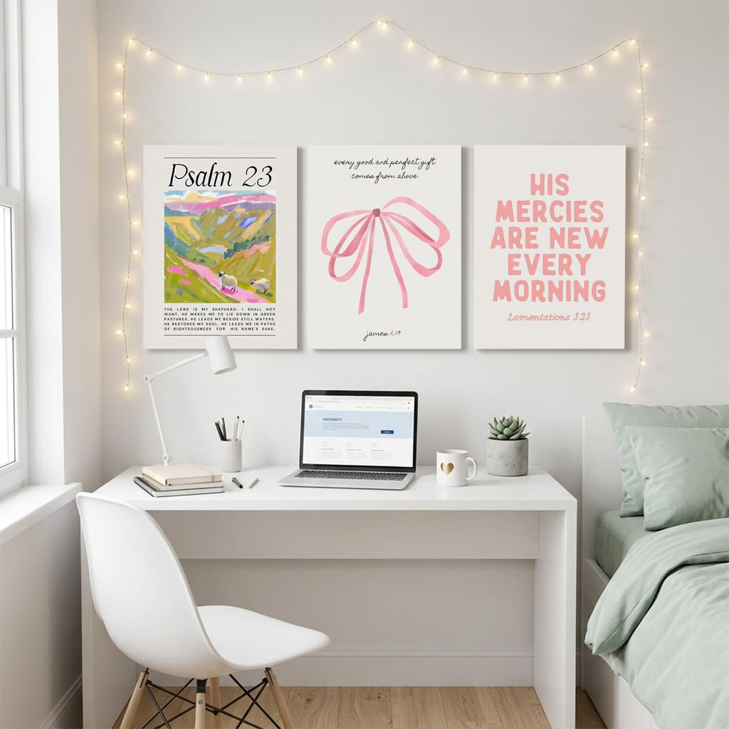 Pink Christian Wall Art Set of 3 – Framed Bible Verse Canvas Prints, Preppy Faith Decor for Girls' Bedroom & Dorm