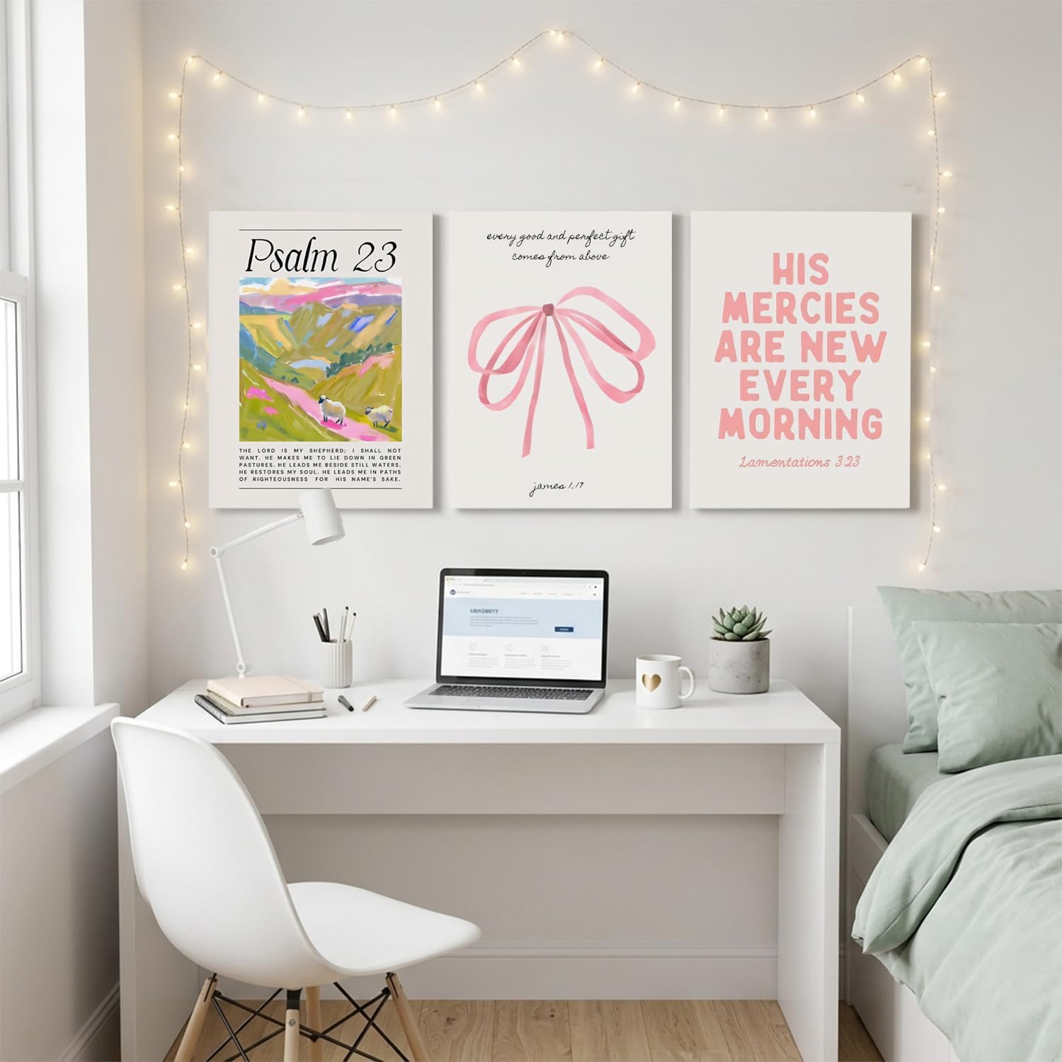Pink Christian Wall Art Set of 3 – Framed Bible Verse Canvas Prints, Preppy Faith Decor for Girls' Bedroom & Dorm