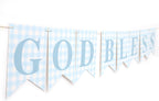 Blue Gingham God Bless Banner, Baptism Banner, First Communion Decor, Christening Party Decoration, Religious Celebration Banner