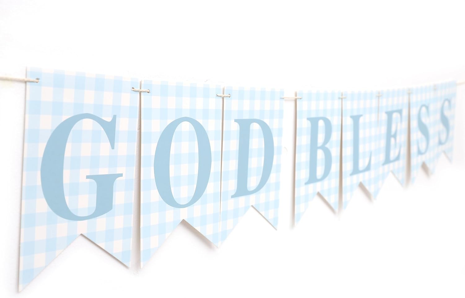 Blue Gingham God Bless Banner, Baptism Banner, First Communion Decor, Christening Party Decoration, Religious Celebration Banner