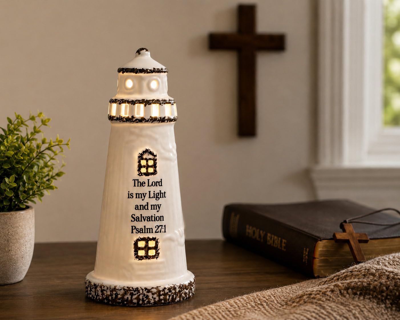 Christian Lighthouse Lamp for Men - Psalm 27:1 Scripture LED Décor