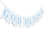 Blue Gingham God Bless Banner, Baptism Banner, First Communion Decor, Christening Party Decoration, Religious Celebration Banner