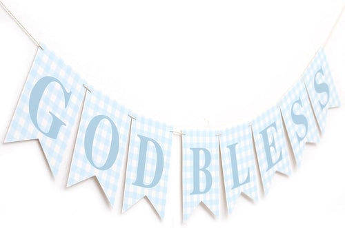 Blue Gingham God Bless Banner, Baptism Banner, First Communion Decor, Christening Party Decoration, Religious Celebration Banner