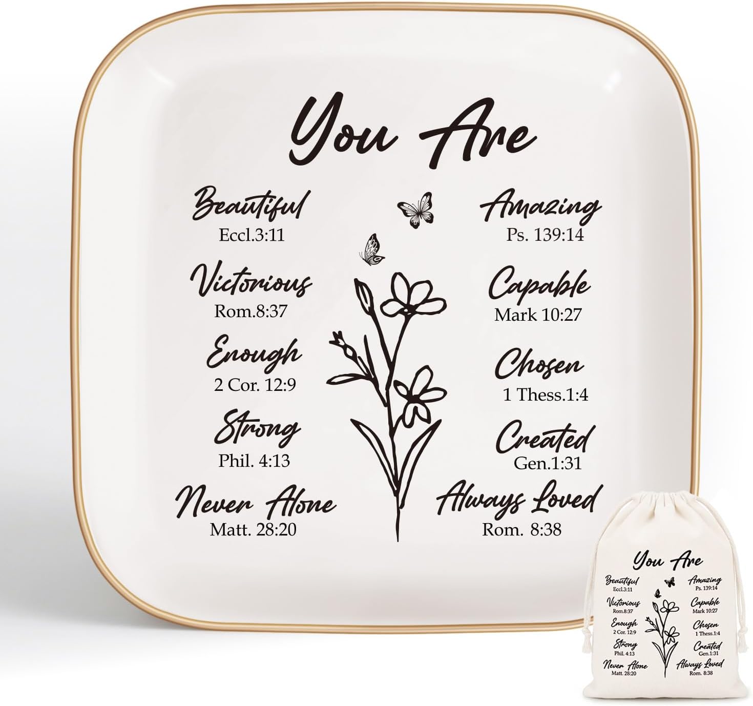God Says You Are" Ceramic Ring Dish – Floral Bible Verse Jewelry Tray, Faith Gift for Her & Teen Girls