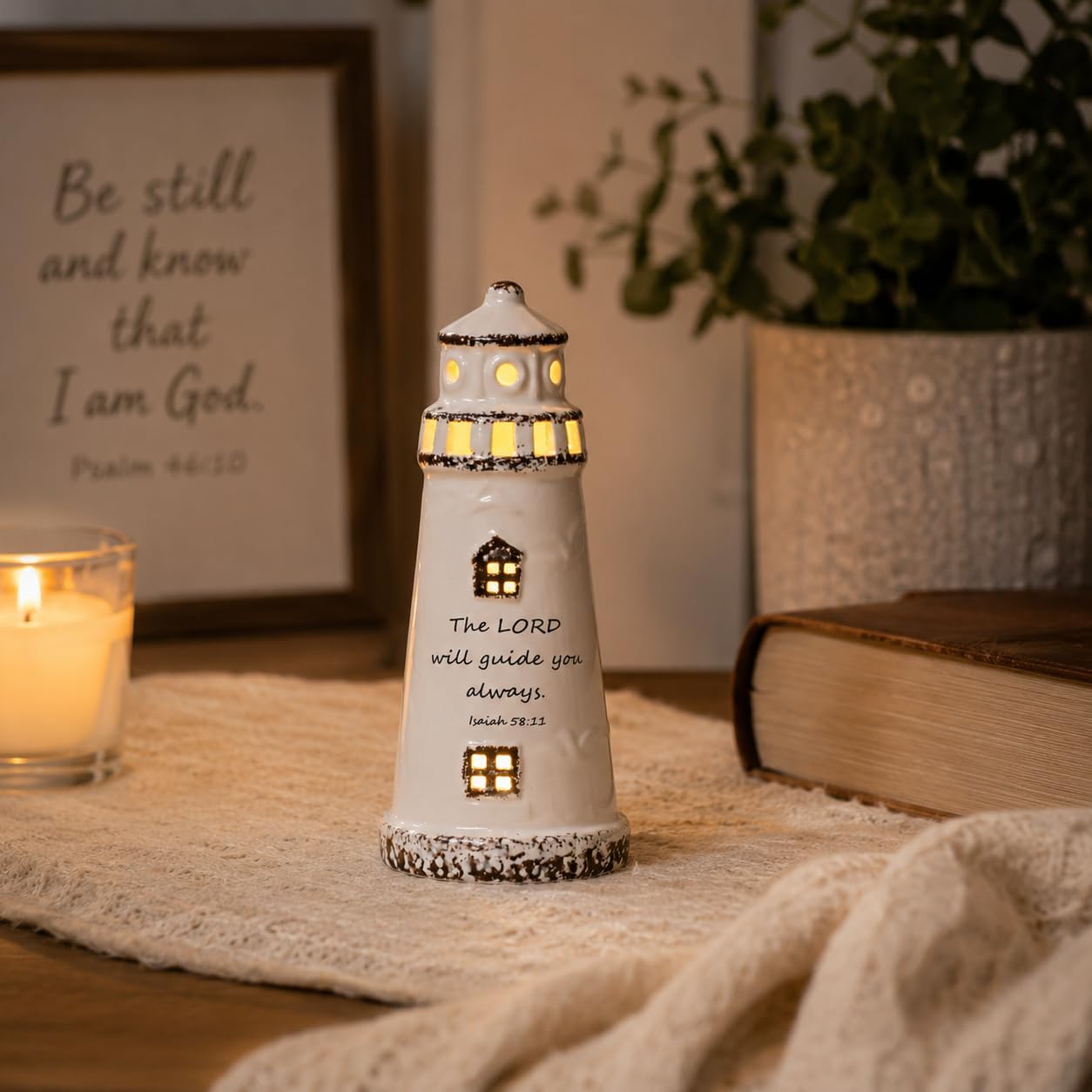 Christian Lighthouse Lamp for Men - Psalm 27:1 Scripture LED Décor