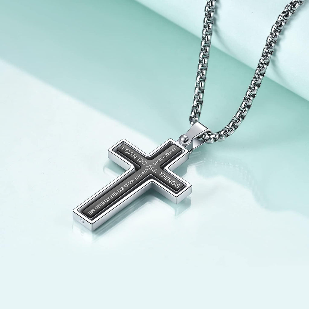 Cross Necklace for Men – Stainless Steel Philippians 4:13 Pendant, Christian Faith Gift for Him