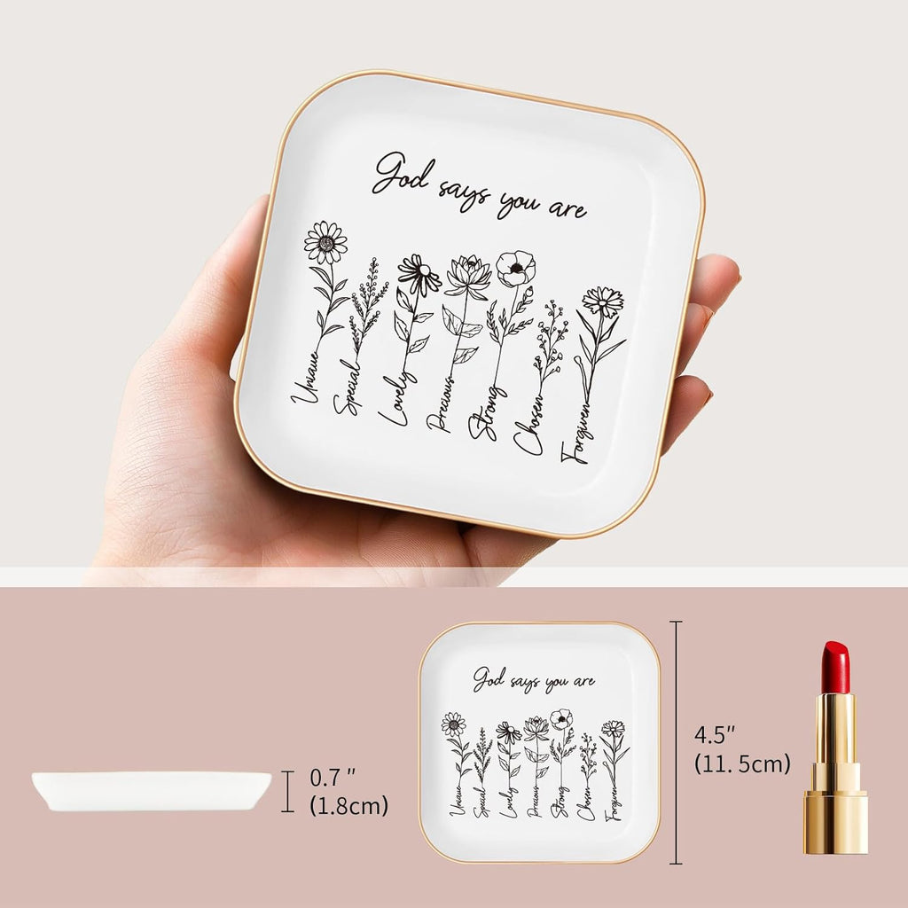 God Says You Are" Ceramic Ring Dish – Floral Bible Verse Jewelry Tray, Faith Gift for Her & Teen Girls