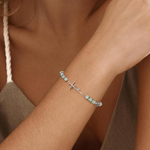 Cross Faith Bracelet for Women, Amazonite Beaded Stretch Bracelet, Christian Gift for Her