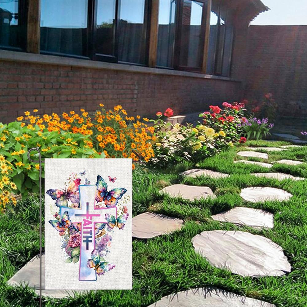 Religious Easter Garden Flag 12X18 Double Sided Easter Cross Garden Flag, Floral Faith Yard Flag 12x18 Double Sided