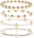 Gold Cross Pearl Bracelet Stack for Women, Stackable Faith Bracelet Set