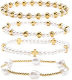 Gold Cross Pearl Bracelet Stack for Women, Stackable Faith Bracelet Set
