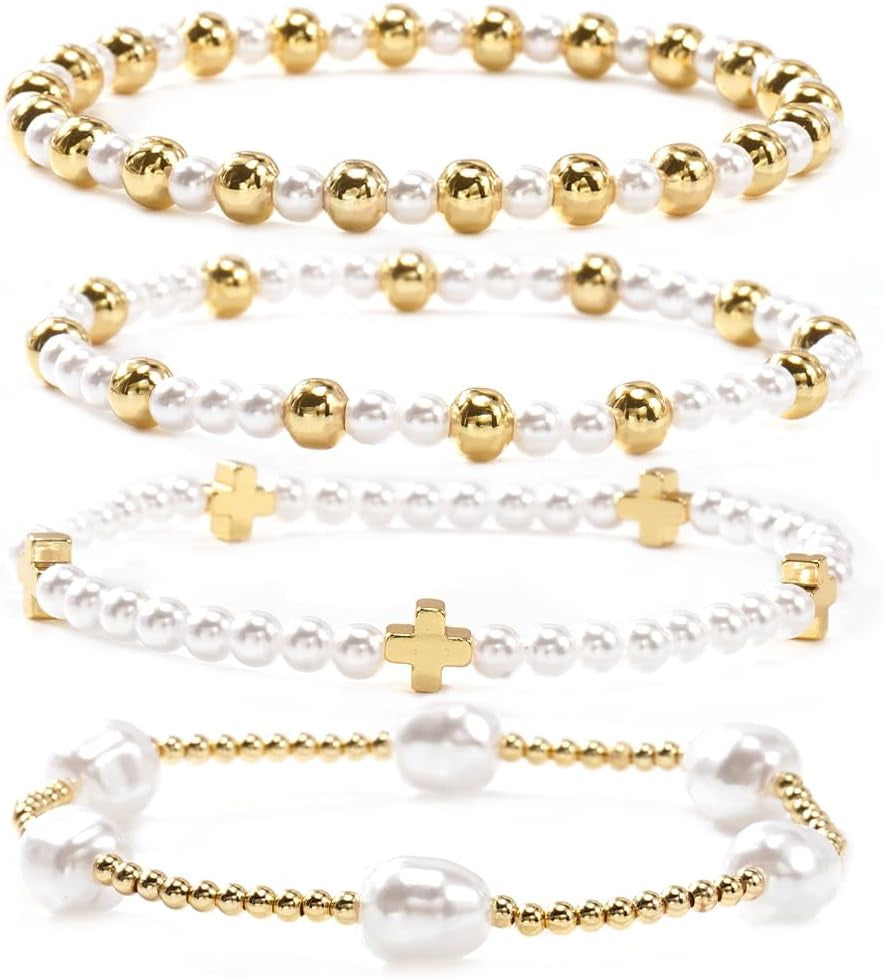 Gold Cross Pearl Bracelet Stack for Women, Stackable Faith Bracelet Set