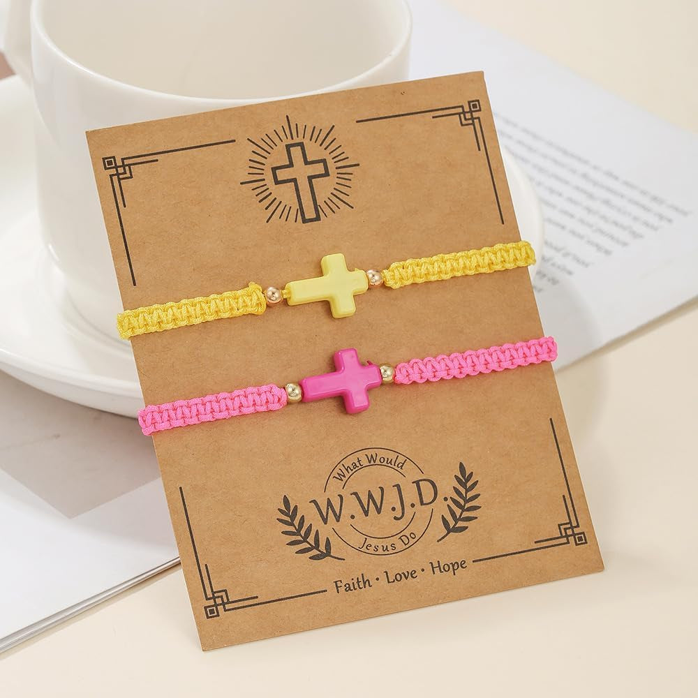 WWJD Cross Bracelet Set for Couples, 2 Pc Braided Rope Faith Bracelets, Matching Christian Gift