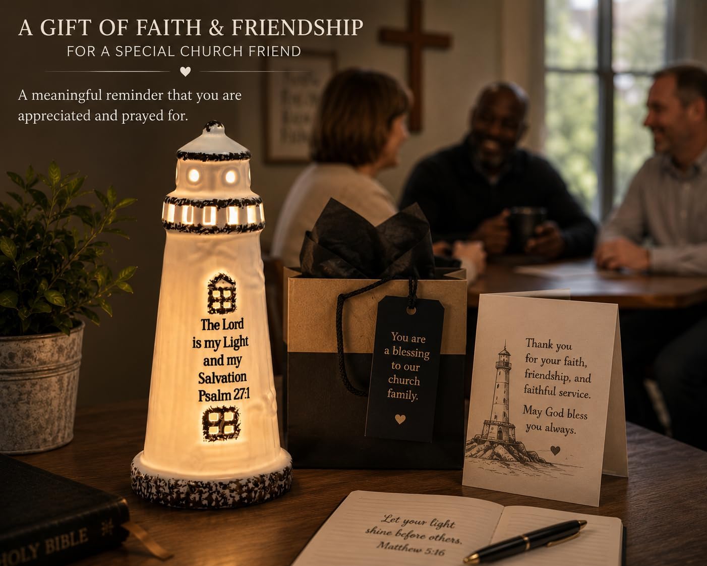 Christian Lighthouse Lamp for Men - Psalm 27:1 Scripture LED Décor