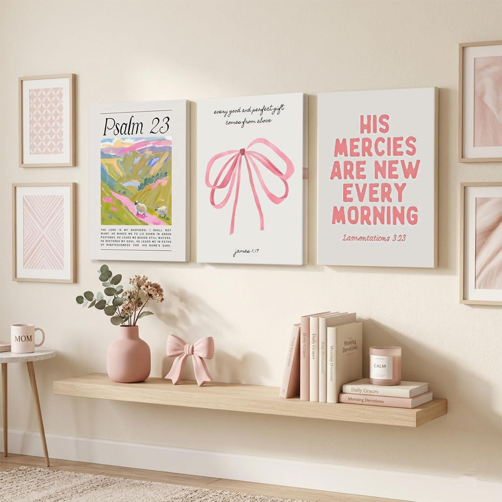 Pink Christian Wall Art Set of 3 – Framed Bible Verse Canvas Prints, Preppy Faith Decor for Girls' Bedroom & Dorm