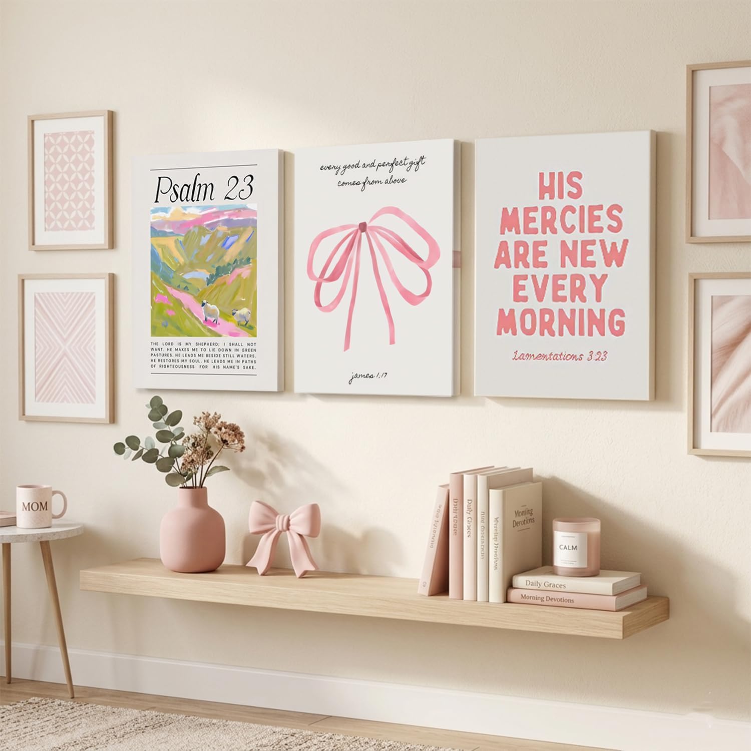 Pink Christian Wall Art Set of 3 – Framed Bible Verse Canvas Prints, Preppy Faith Decor for Girls' Bedroom & Dorm