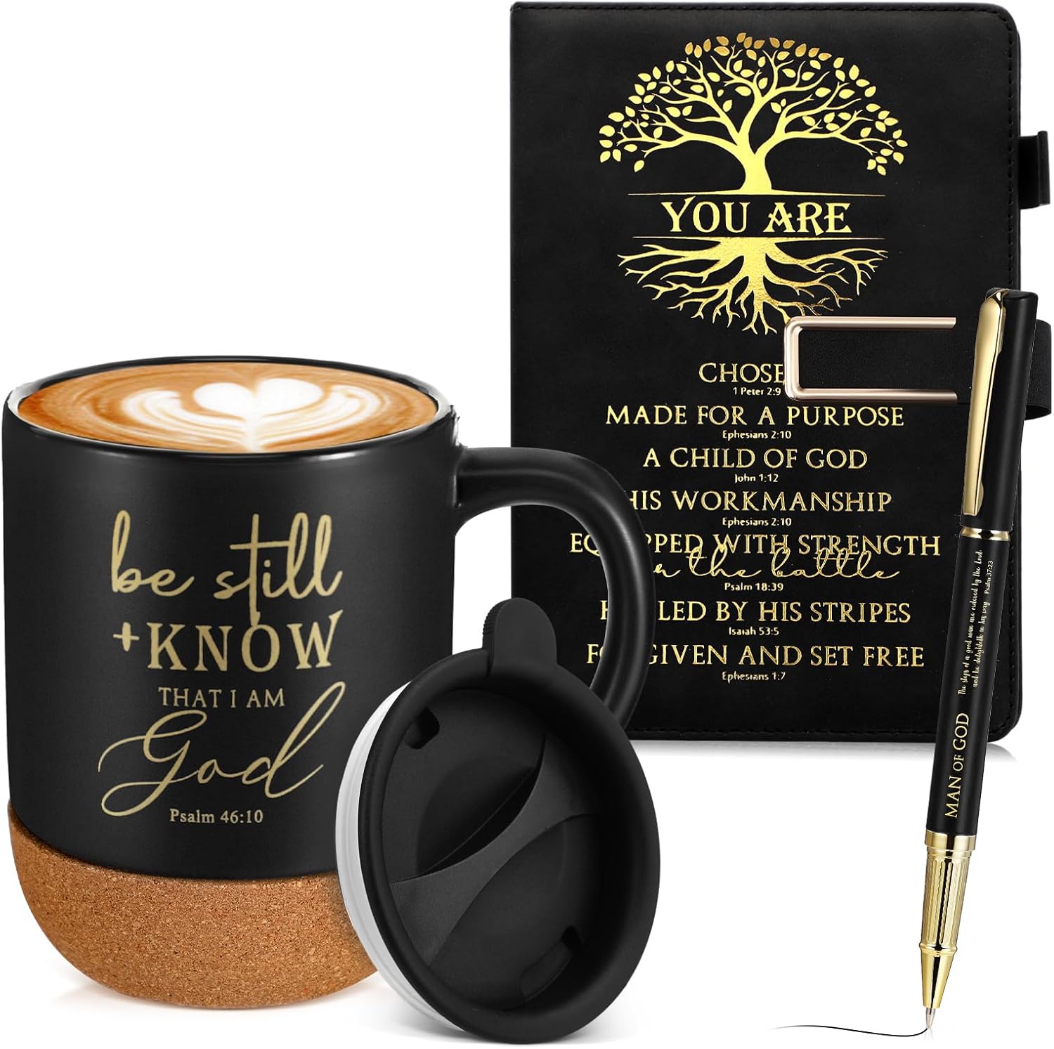 Be Still & Know" Christian Gift Set for Men – Leather Bible Journal, Cork Ceramic Mug & Pen