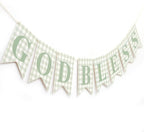 Blue Gingham God Bless Banner, Baptism Banner, First Communion Decor, Christening Party Decoration, Religious Celebration Banner