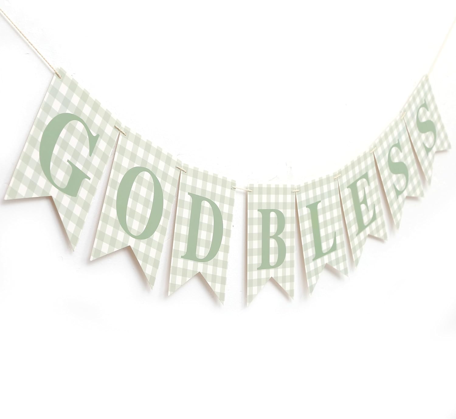 Blue Gingham God Bless Banner, Baptism Banner, First Communion Decor, Christening Party Decoration, Religious Celebration Banner
