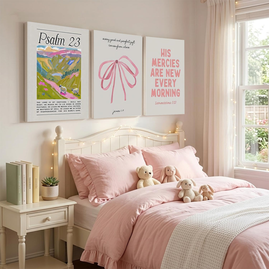 Pink Christian Wall Art Set of 3 – Framed Bible Verse Canvas Prints, Preppy Faith Decor for Girls' Bedroom & Dorm