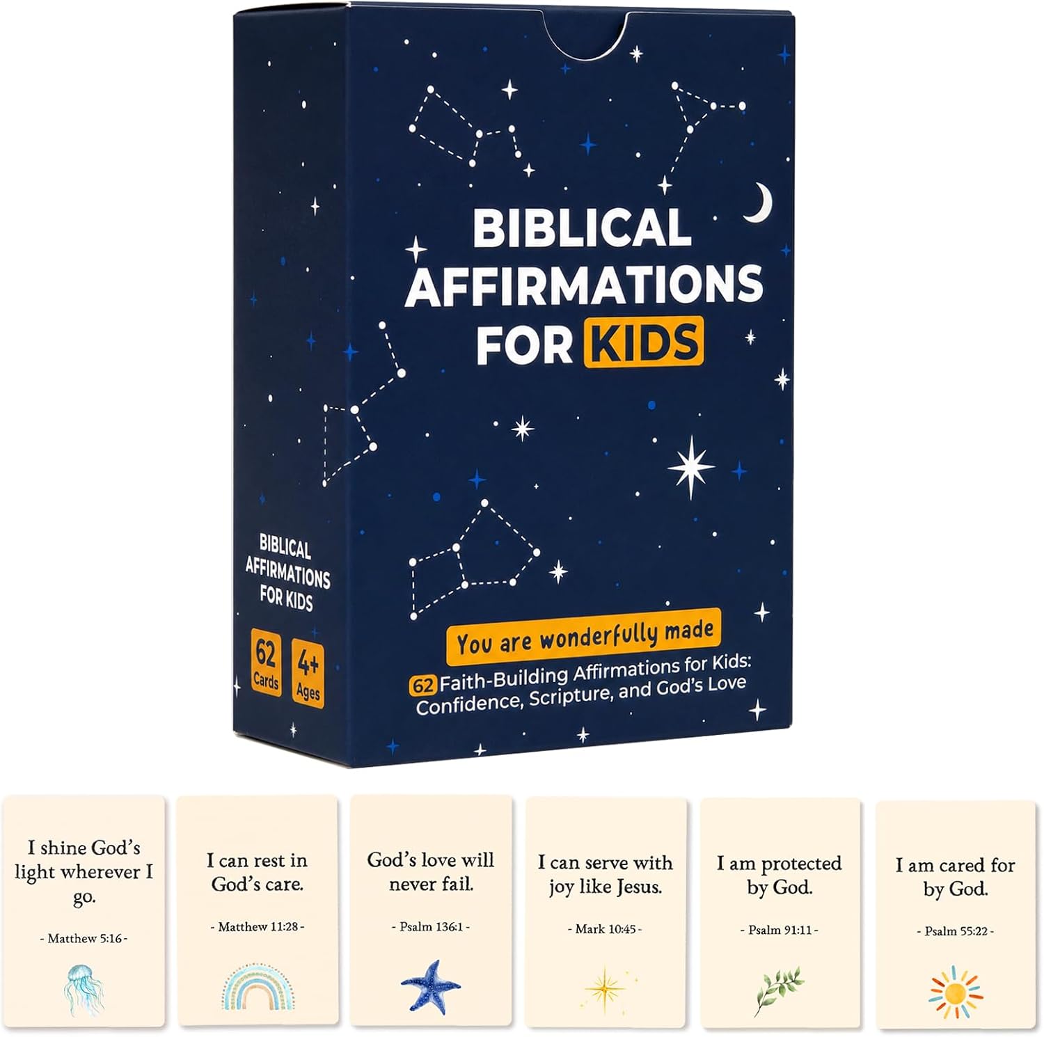 Biblical Affirmation Cards for Kids, 62 Christian Encouragement Cards for Boys and Girls, Back to School Confidence and Scripture Gift