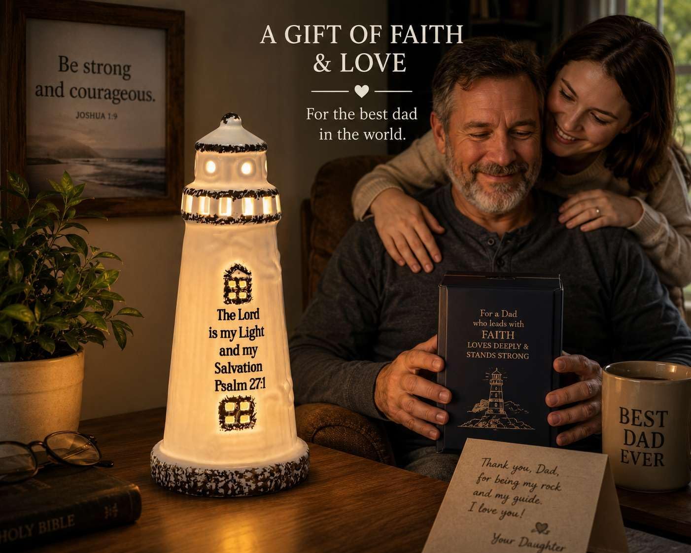 Christian Lighthouse Lamp for Men - Psalm 27:1 Scripture LED Décor