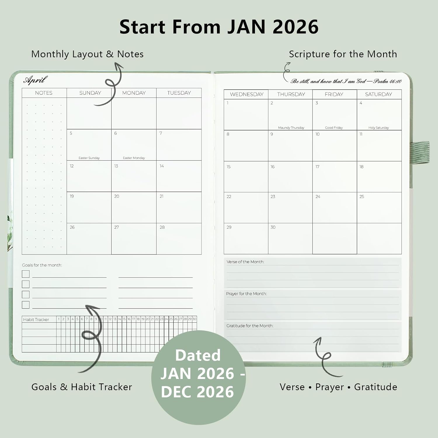 2026 Christian Planner for Women and Men, 12-Month Hardcover Bible Journal and Prayer Organizer, Faith Goal and Habit Tracker, 5.7 x 8.3 in