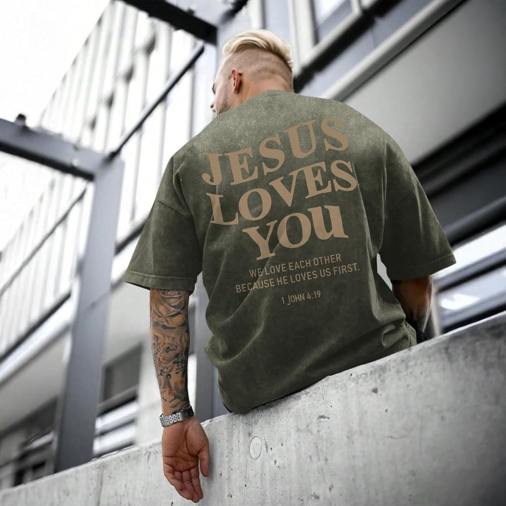 Jesus Loves You Acid Wash T-Shirt – Oversized Christian Graphic Tee for Men & Women