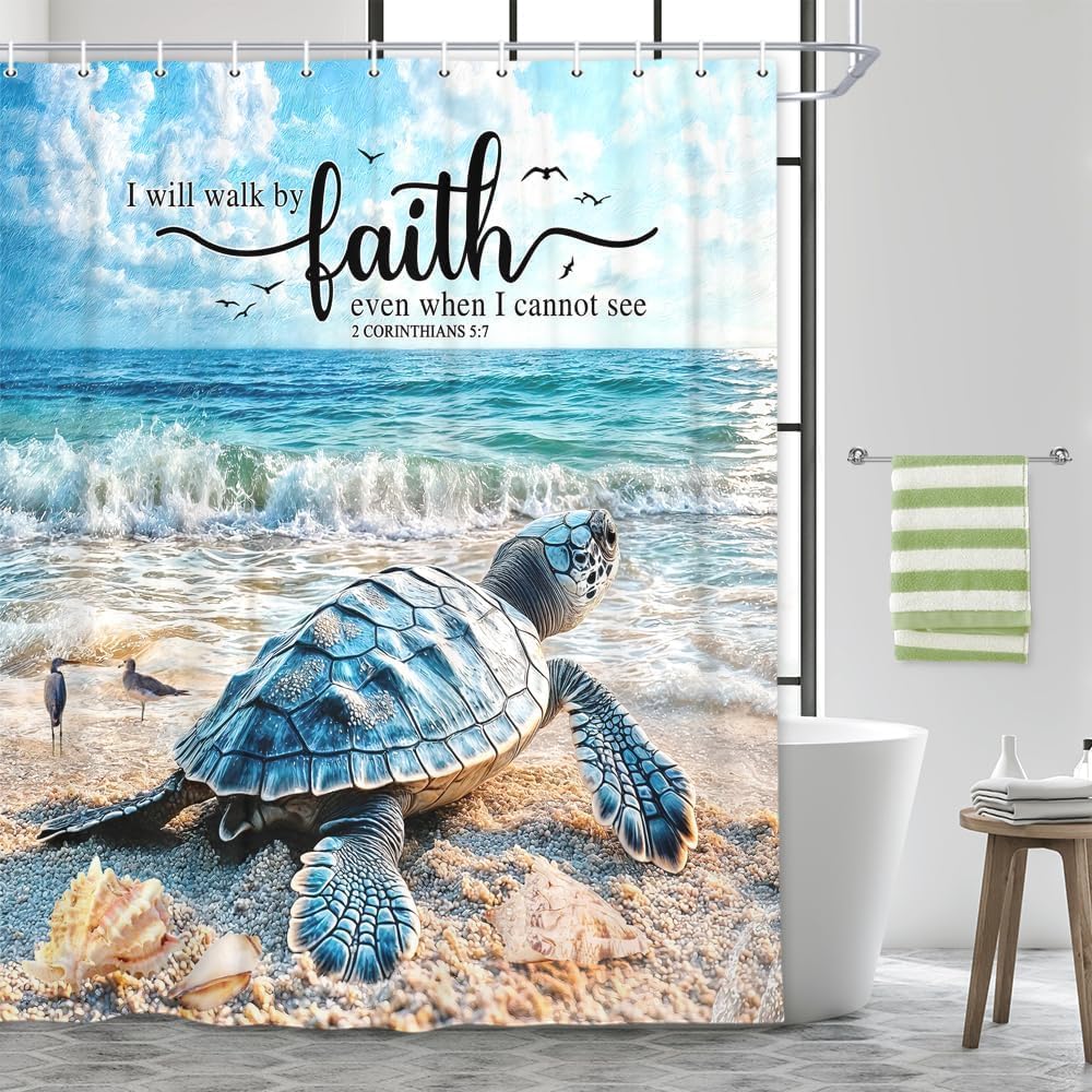 Sea Turtle Bible Verse Shower Curtain, Coastal Christian Decor Accessories Hooks Included 72X72IN
