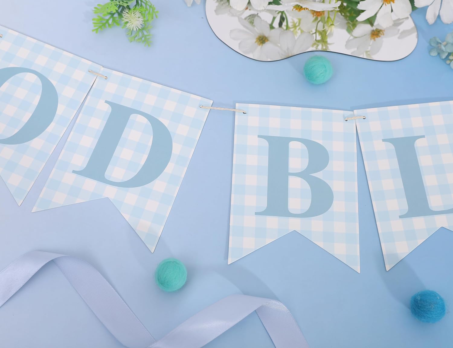 Blue Gingham God Bless Banner, Baptism Banner, First Communion Decor, Christening Party Decoration, Religious Celebration Banner