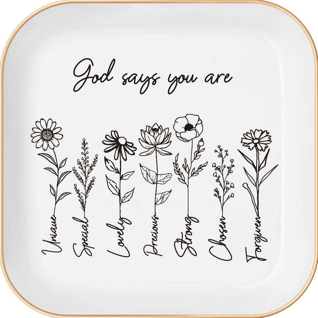 God Says You Are" Ceramic Ring Dish – Floral Bible Verse Jewelry Tray, Faith Gift for Her & Teen Girls