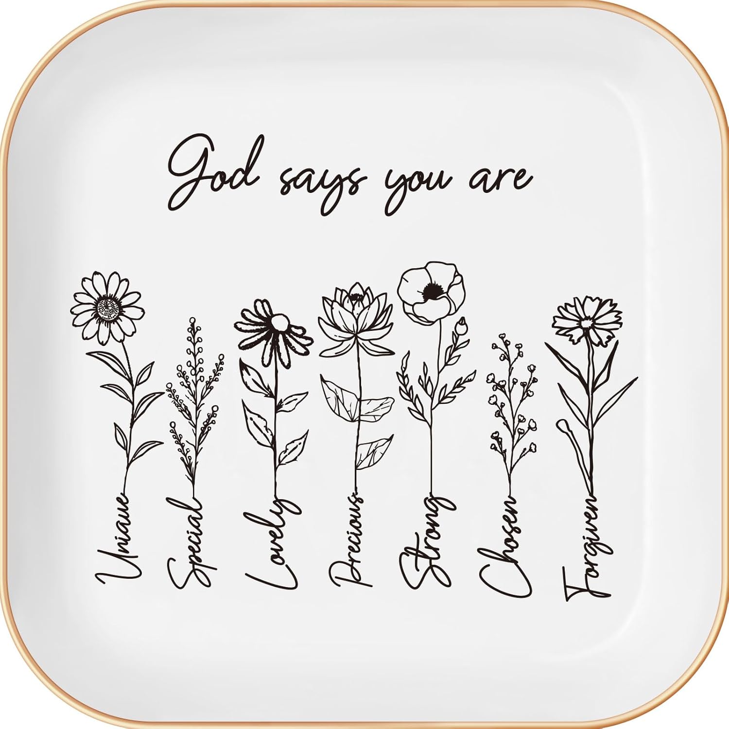 God Says You Are" Ceramic Ring Dish – Floral Bible Verse Jewelry Tray, Faith Gift for Her & Teen Girls