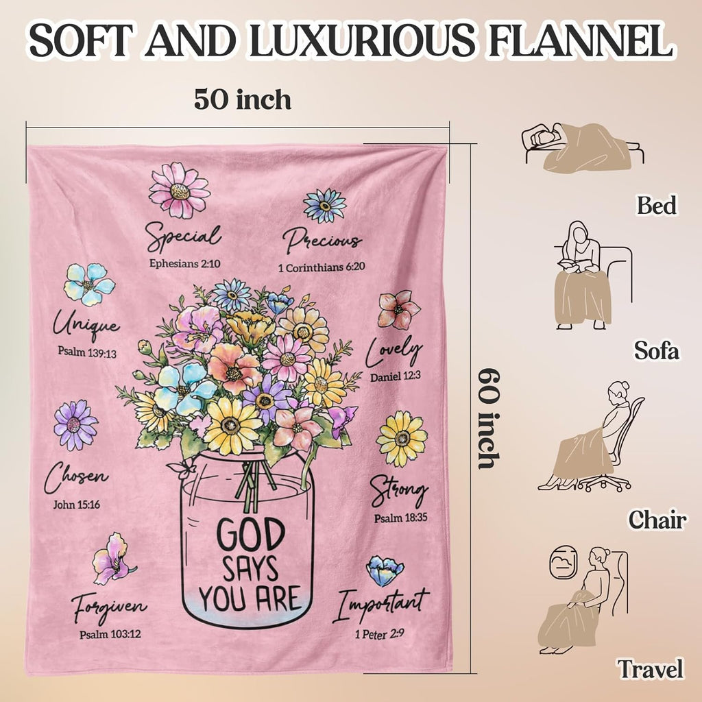 God Says You Are" Christian Blanket for Women – Floral Bible Verse Throw 60"×50", Faith Gift for Her