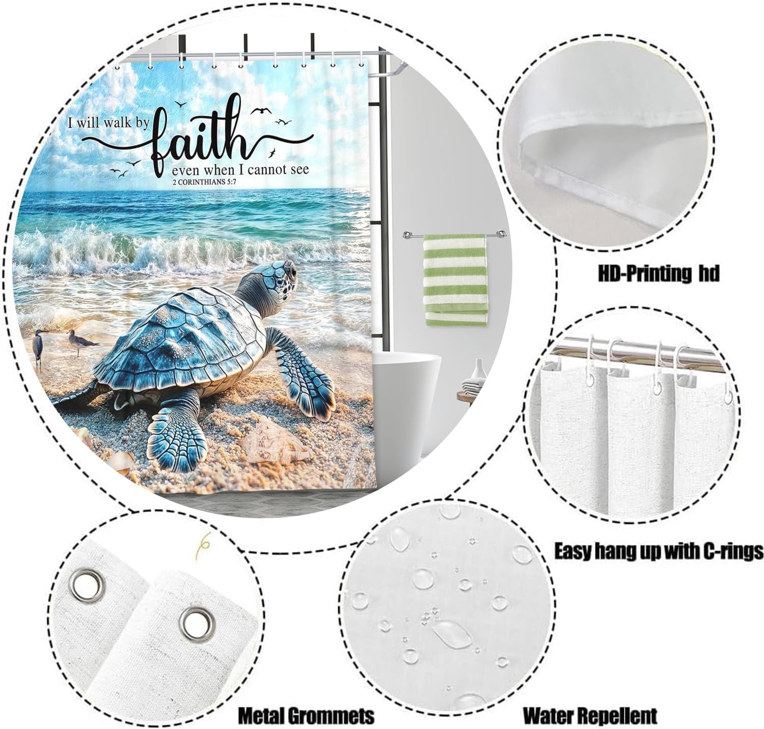 Sea Turtle Bible Verse Shower Curtain, Coastal Christian Decor Accessories Hooks Included 72X72IN