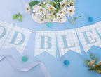 Blue Gingham God Bless Banner, Baptism Banner, First Communion Decor, Christening Party Decoration, Religious Celebration Banner