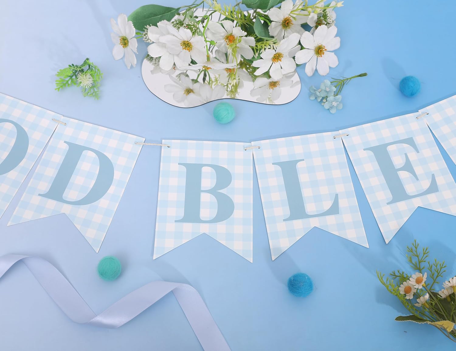 Blue Gingham God Bless Banner, Baptism Banner, First Communion Decor, Christening Party Decoration, Religious Celebration Banner
