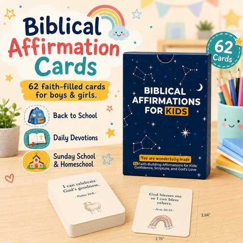 Biblical Affirmation Cards for Kids, 62 Christian Encouragement Cards for Boys and Girls, Back to School Confidence and Scripture Gift